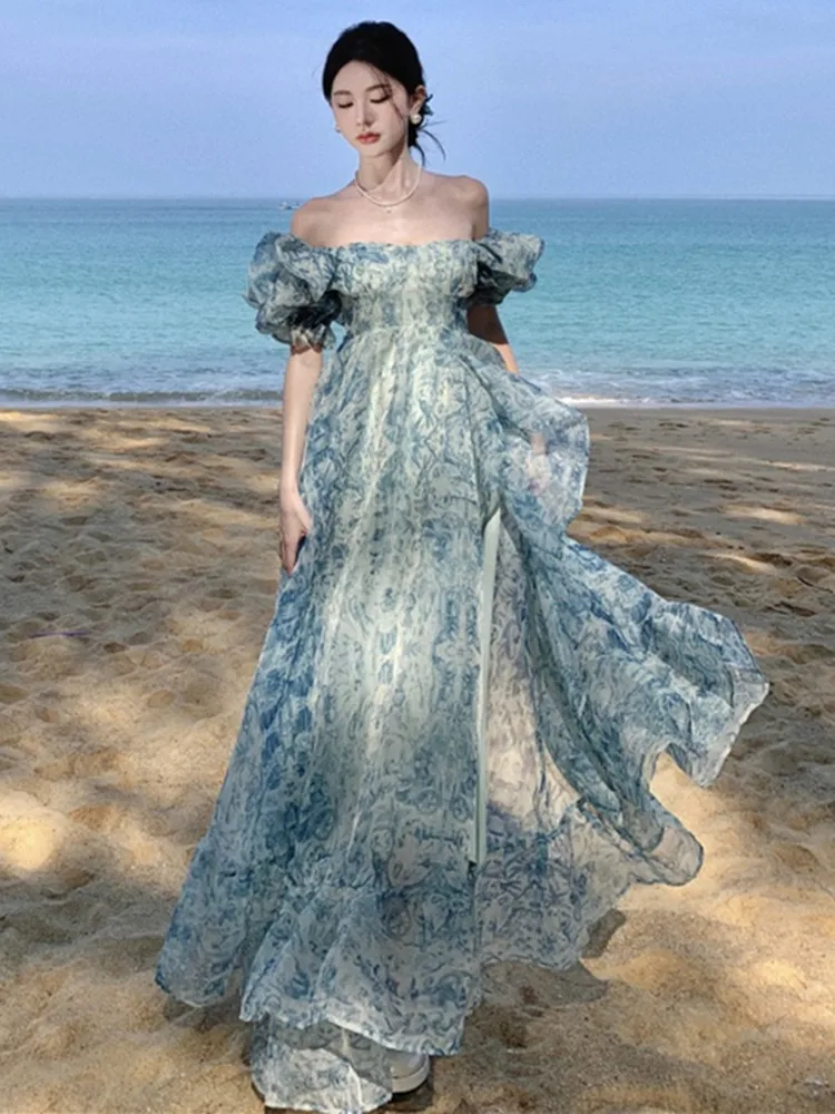 

Flower Printed Long Maxi Dresses Sexy V-neck Puff Sleeve Ruffles Decorated Organza Dress Summer Fashion Slim Party Dress