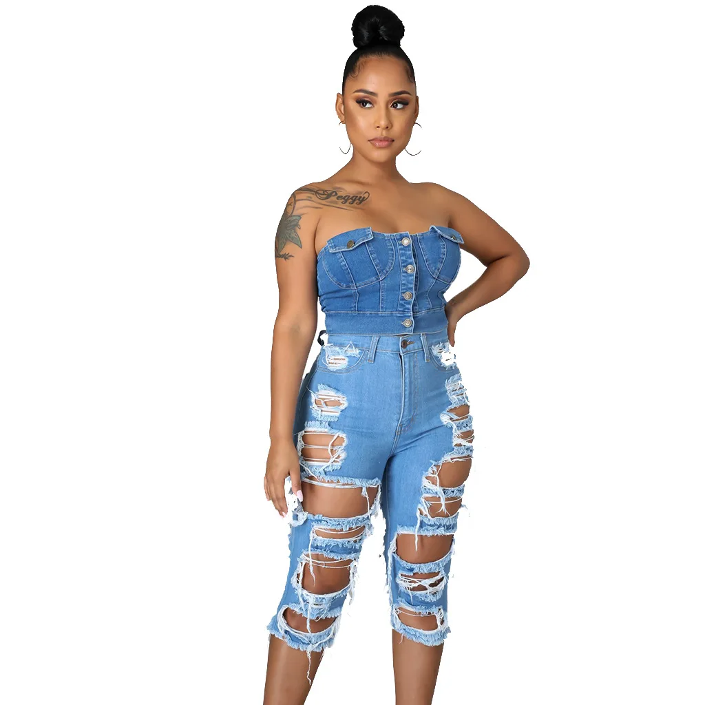 

fashionable and versatile hand worn high waisted washed stretch ripped jeans for women