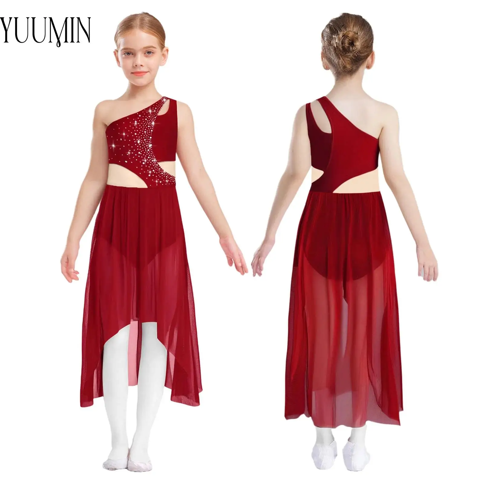 Kids Girls Ballet Lyrical Modern Dance Performance Costume Glittery Rhinestones Skirted Gymnastics Leotard Skating Dance Costume