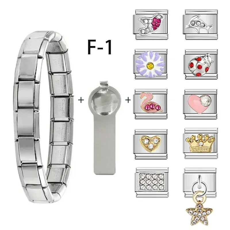 1Set Gold Silver Color With Zircon Stainless Steel Italian Bracelet Charms Set For Women Men Child Girl New Year Gift Jewelry