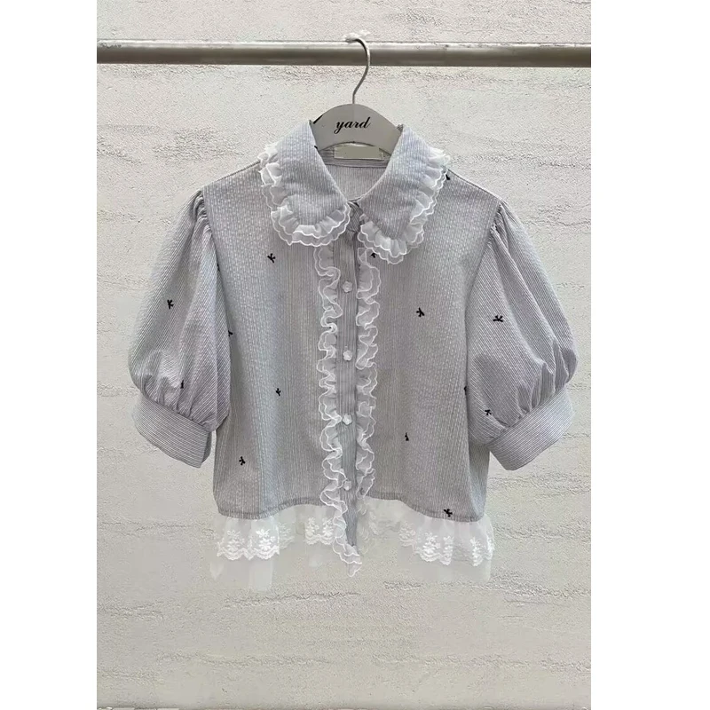 

Korean Style Lace Wooden Ear Short Sleeve Bubble Sleeve Women's Shirt Floral Splicing Breathable Summer New Arrival