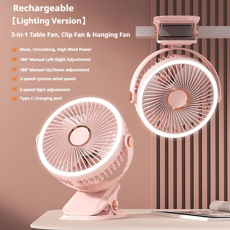 Clip-on ventilator Draagbaar met LED-verlichting 3 snelheden verstelbare windsnelheid Uitgerust met stille desktopventilator Thuis Slaapkamer Campingventilator