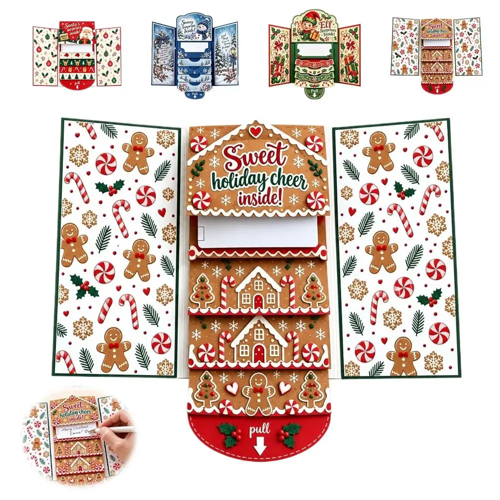 3D Pop-Up Christmas Card Multi Layer Pull Down Surprise Greeting Card with Envelope for Holiday Party Gift