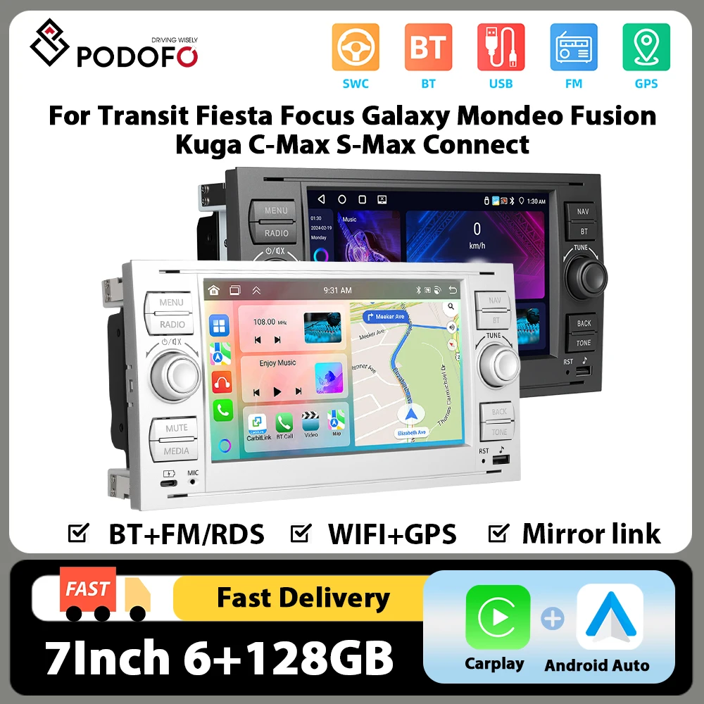 Podofo 7 Zoll 2Din Autoradio für Ford Transit Fiesta Focus Galaxy 6+128G WIFI Auto-Multimedia-Player Carplay Android Auto GPS