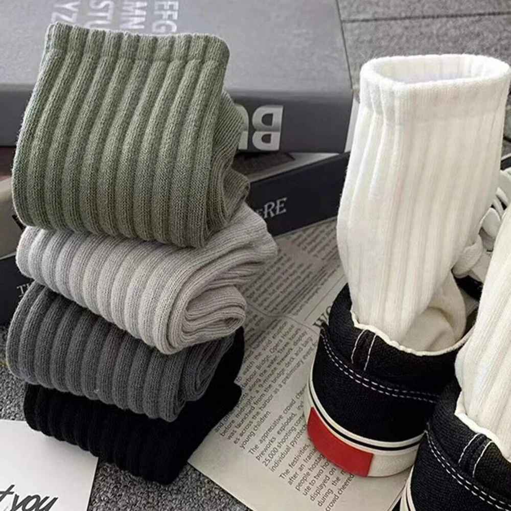 5 Pairs Men Solid Color Vertical Stripe Mid Tube Socks Trendy Versatile Round Neck Sock Breathable Sweat Absorbing Casual Socks