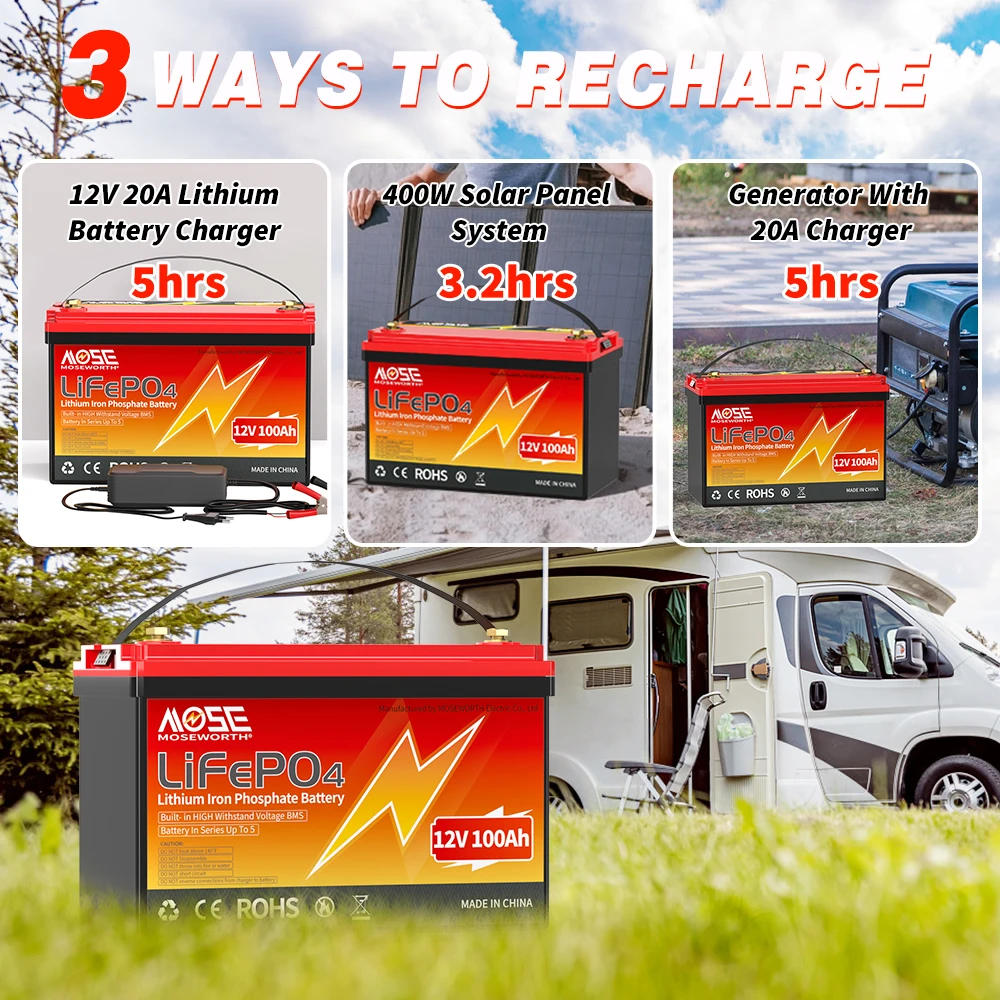 MOSEWORTH LiFePO4 12V 100Ah Akku 12,8V Lithiumbatterie 8000+ Zyklen mit Bluetooth BMS Klasse A für Boot-Wohnmobil-Camper – Detail 15