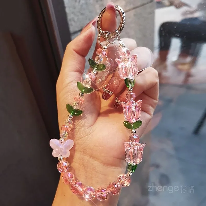 كريستال توليب الهاتف الحبل مطرز سلسلة تصميم قصير مناسبة للاستخدام في الهواء الطلق مع مقطع