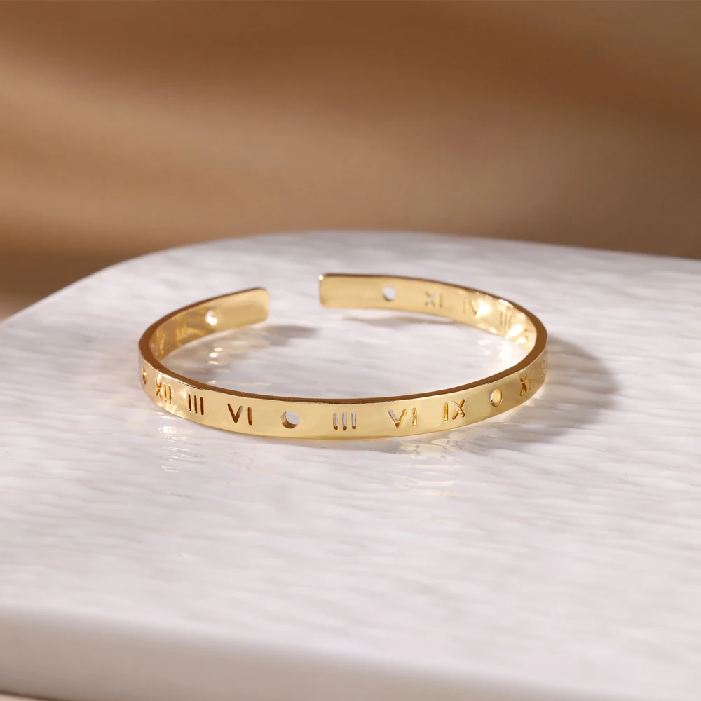 Hollow Roman Numerals Bangle For Women Men Gold Plated Open Cuff Bracelets Femme Hombre Wrist Jewelry Freeshipping Items Bulk