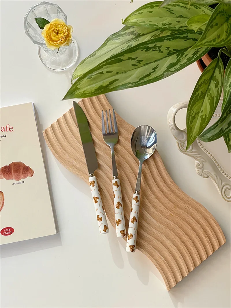 Cute Bear Tableware Stainless Steel Knife Fork Spoon Students Cutlery Set Ceramics Handle Coffee Dessert Fork Spoon Kitchen Tool