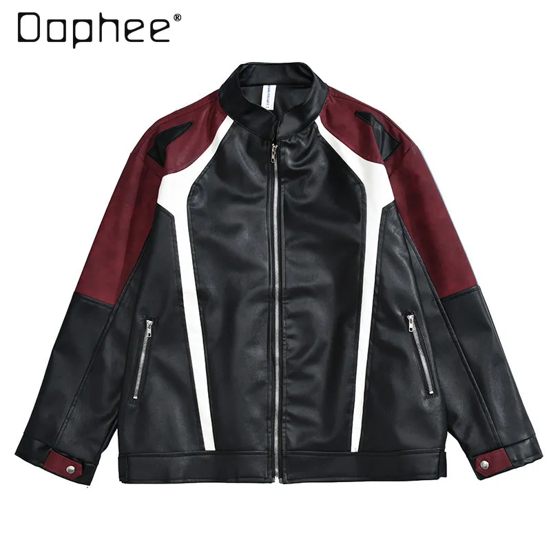 

2026 Spring and Autumn American High Street Style Men's Black and Red Patchwork Biker Loose Casual PU Leather Jacket