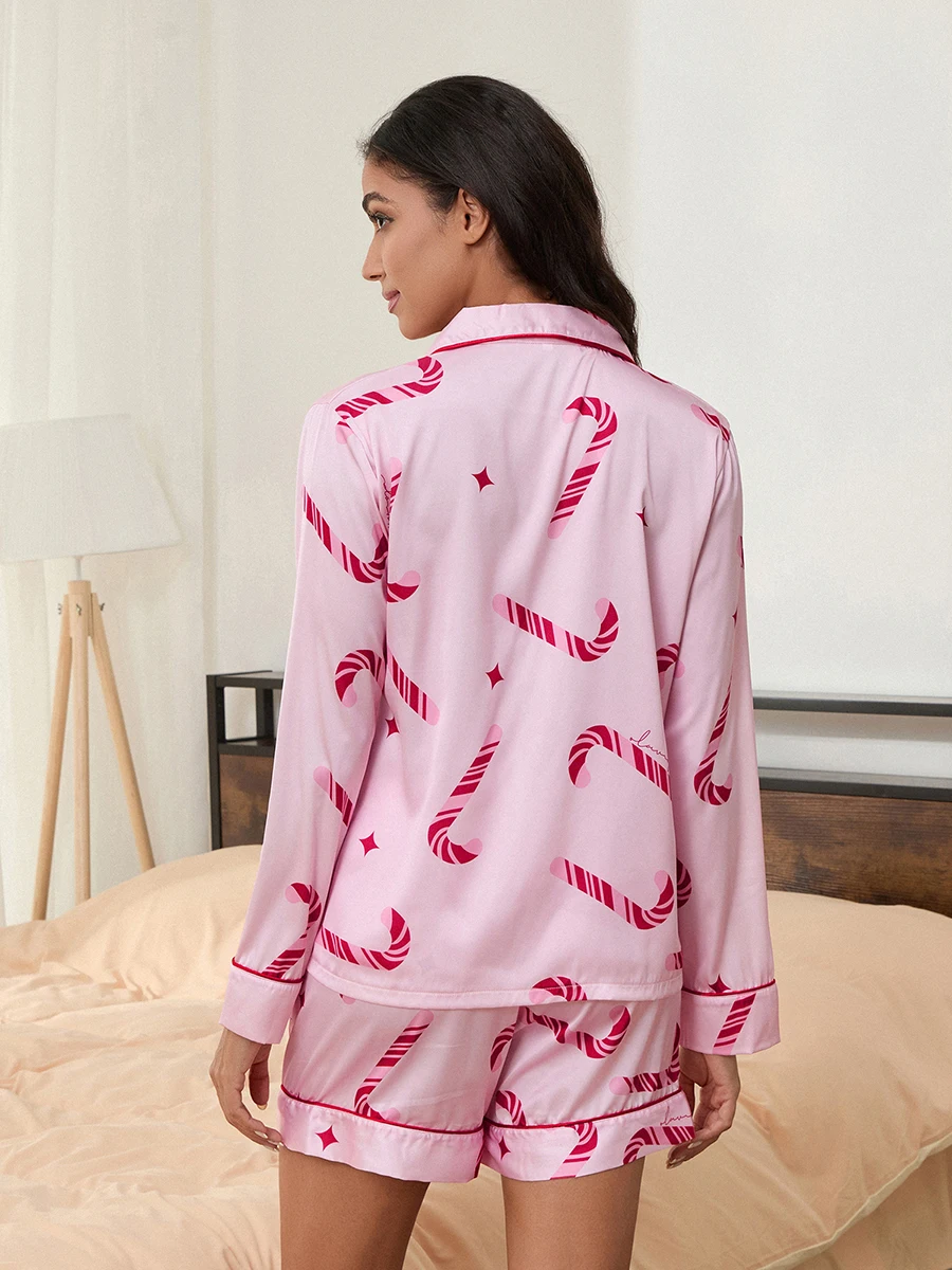 女性のクリスマスのラウンジウェアセット,伸縮性のあるウエストショーツ付きのラペルボタン付きシャツ,キャンディーカニプリント,長袖パジャマ