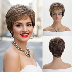 Ladies Short Omber Brown Synthetic Wig Pixie Cut Hairstyle Straight Wig With Bang For Women Daily Use Heat Resistant Fiber