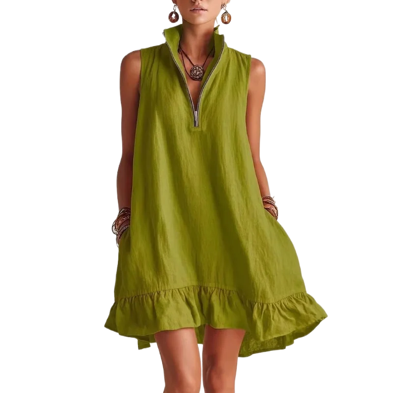 Women's Boho Solid Sleeveless Mini Dress, Summer Vacation Beach Dress,Pockets Zipper V-neck Ruffled Hem Loose A-line Dresses image 3