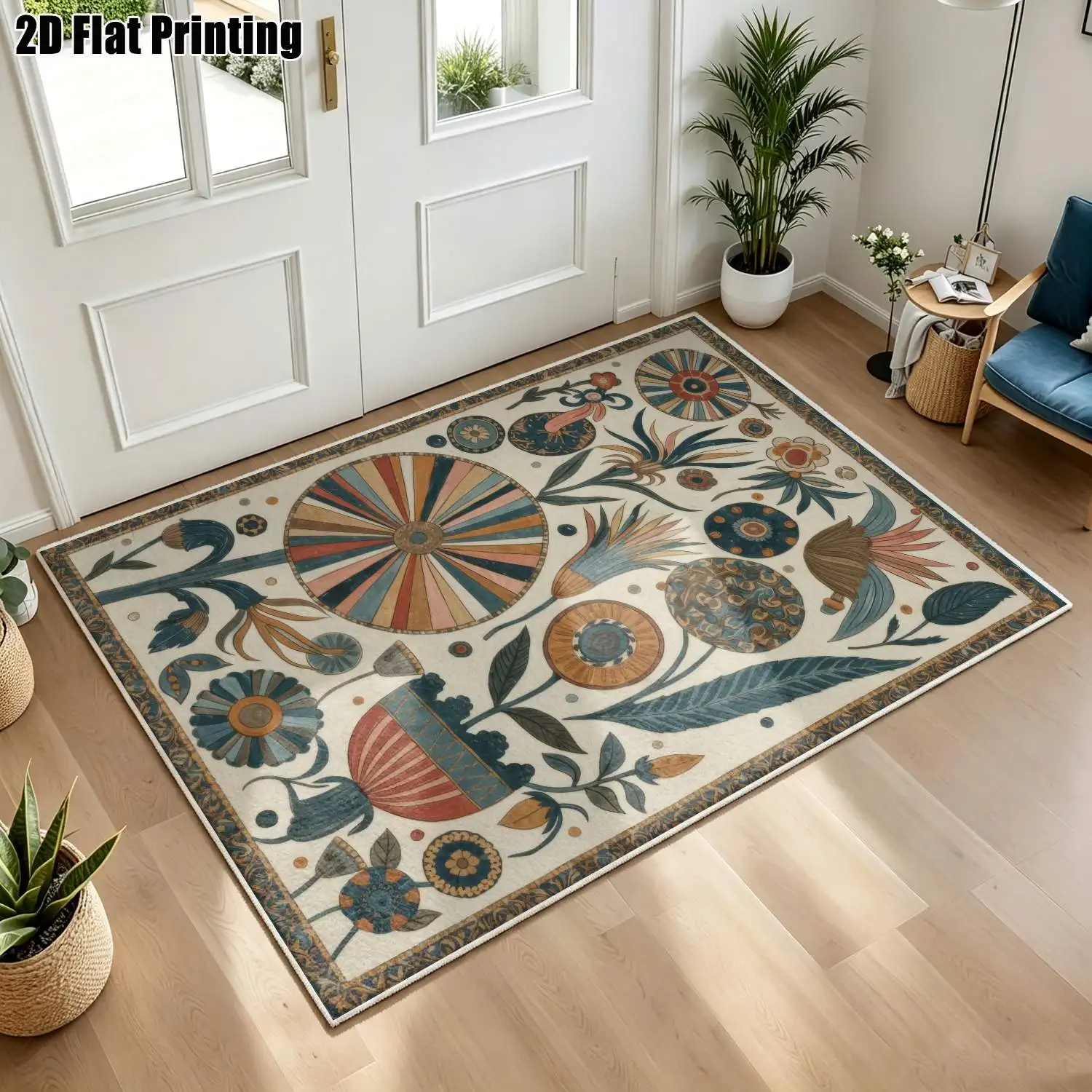 1Pc 2D Printed Velvet Carpet: Retro Colorful Floral & Geometric Patterns, Multiple Style Options, Multiple Sizes, Machine Washable, for Entryway/Dining Room/Bedroom/Living Room Home Decor