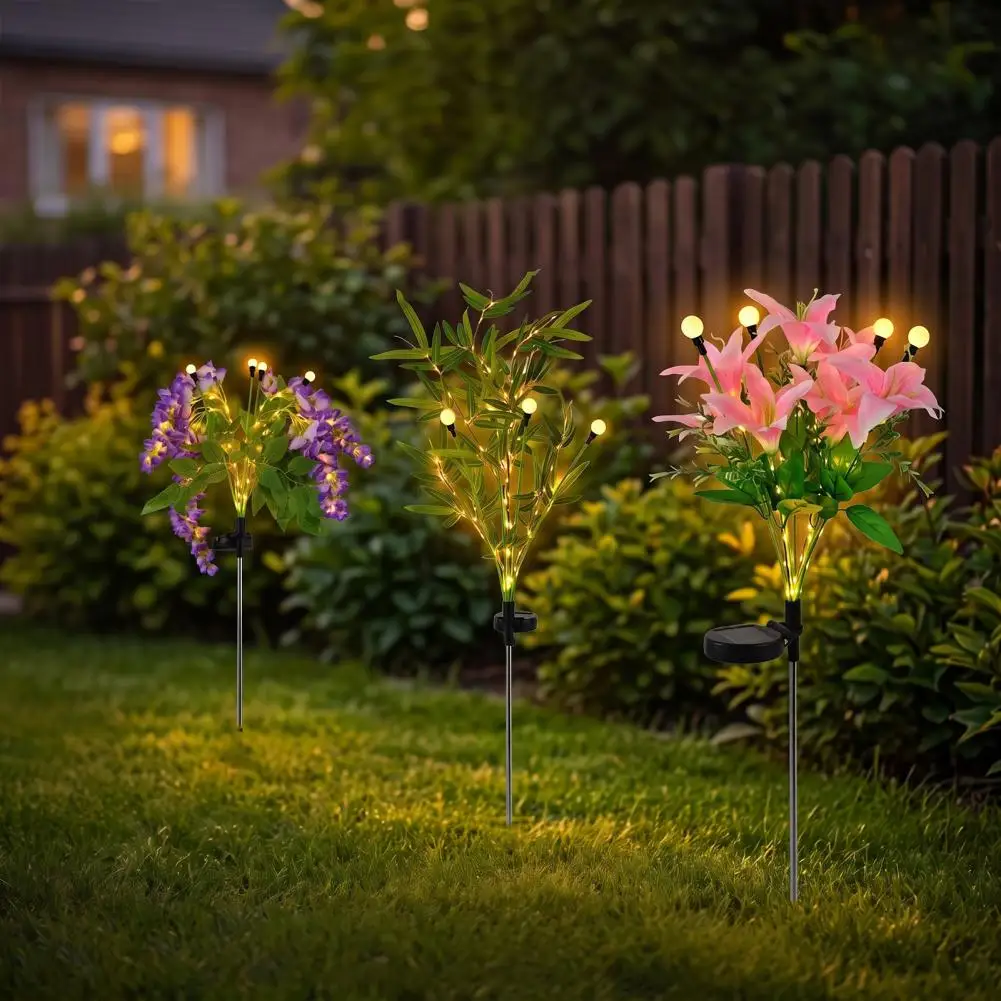 Holiday Gift for Garden Lovers 2pcs Solar Powered Lily Bamboo Wisteria Flower Lights Waterproof Garden Stake Pathway Lanterns