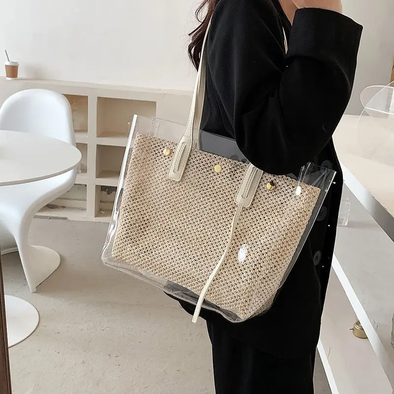 Borsa a tracolla Versatile alla moda intrecciata con fibbia magnetica in PVC di vendita calda nuova borsa tessuta leggera alla moda e Casual da donna