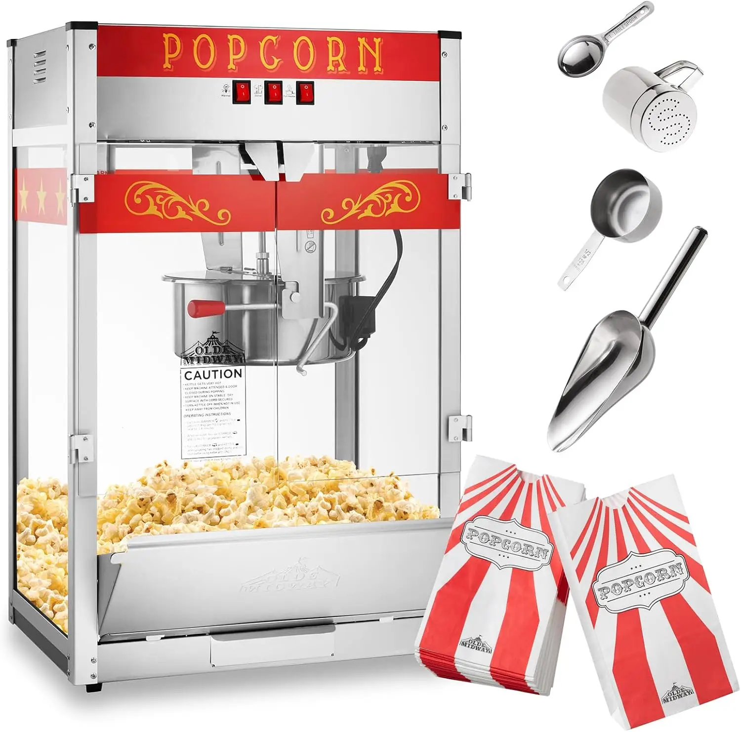 Midway Commercial Popcorn Machine Maker Popper with Extra Large 16-Ounce Kettle - Red