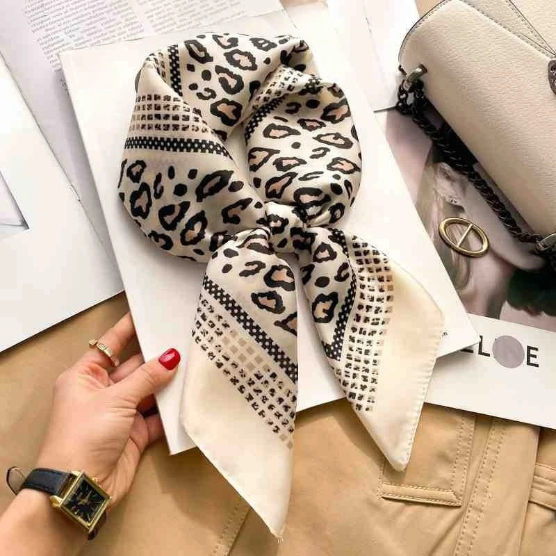 

70cm Luxury Leopard Print Silk Square Scarf Women Foulard Hairband Hands Bag Ribbon Head Hijab Neckerchief Headband Soft Satin