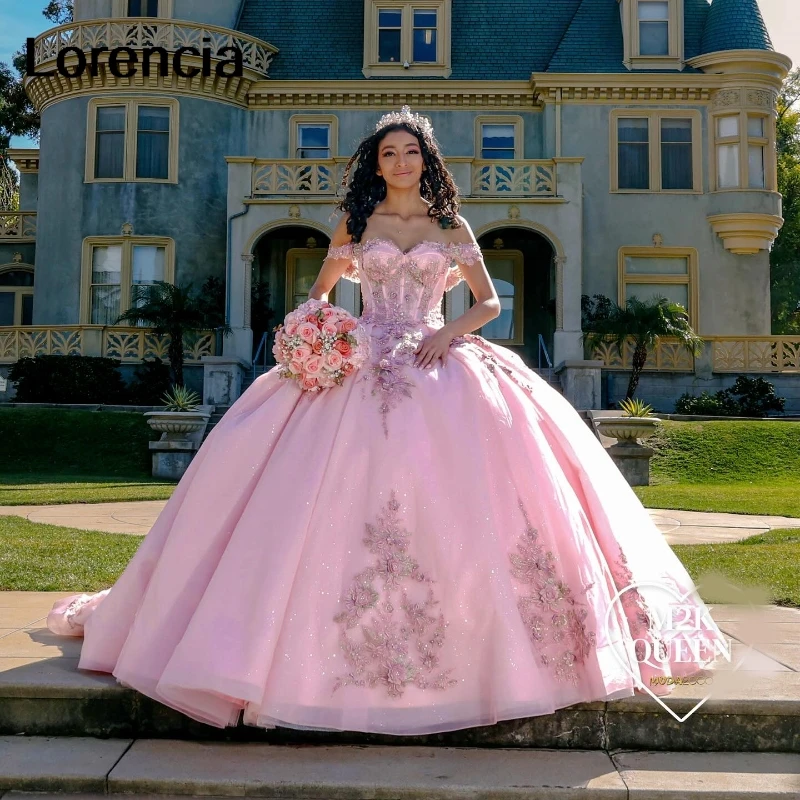 Lorencia Shiny Pink Quinceanera Dress Ball Gown Lace Appliques perline Crystal Bow corsetto Sweet 16 Vestidos De 15 asenos YQD797