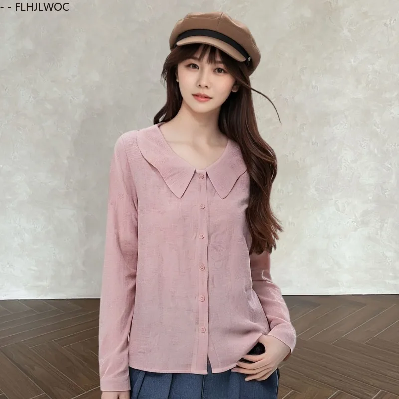 

Cotton Blends Tops Blouses New Fashion Autumn Spring Woman Cute Sweet Girls Solid Pink Retro Vintage Peter Pan Collar Shirts