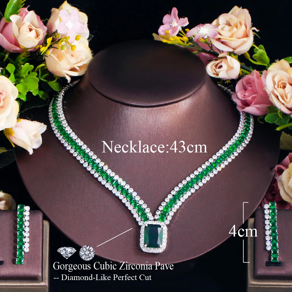 CWWZircons Big Rectangle Green Cubic Zirconia Stone Women Evening Dancing Party Costume Jewelry Sets for Brides Wedding  T724