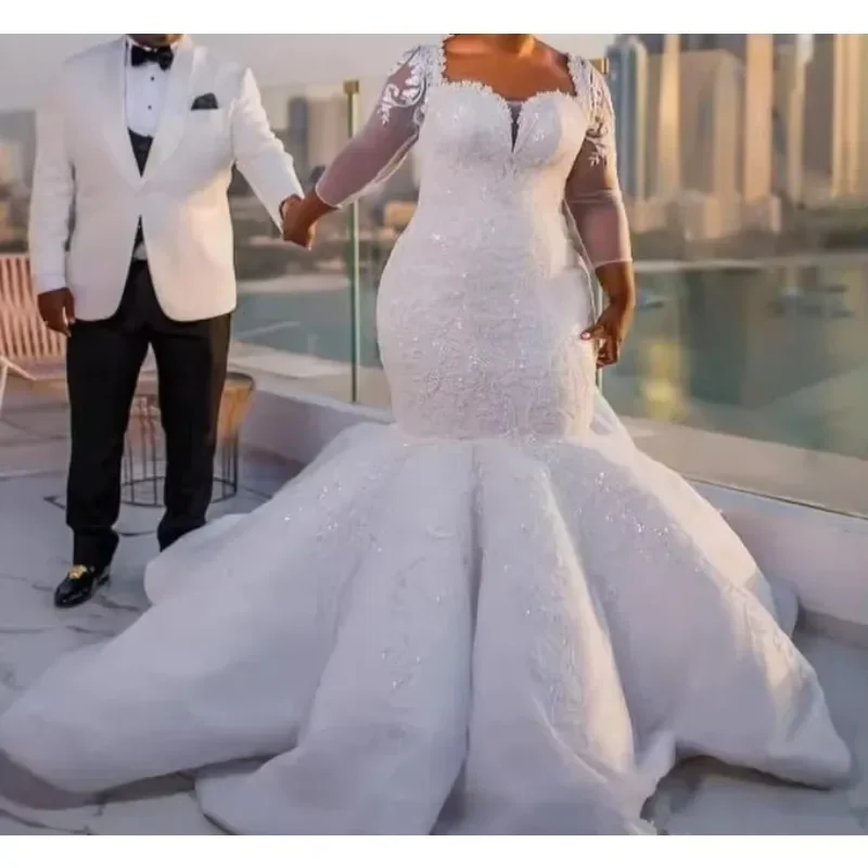 

Customized Plus Size African Nigerian Beach Mermaid Wedding Dresses Sweetheart Sequined Beaded Long Sleeves Bridal Gowns
