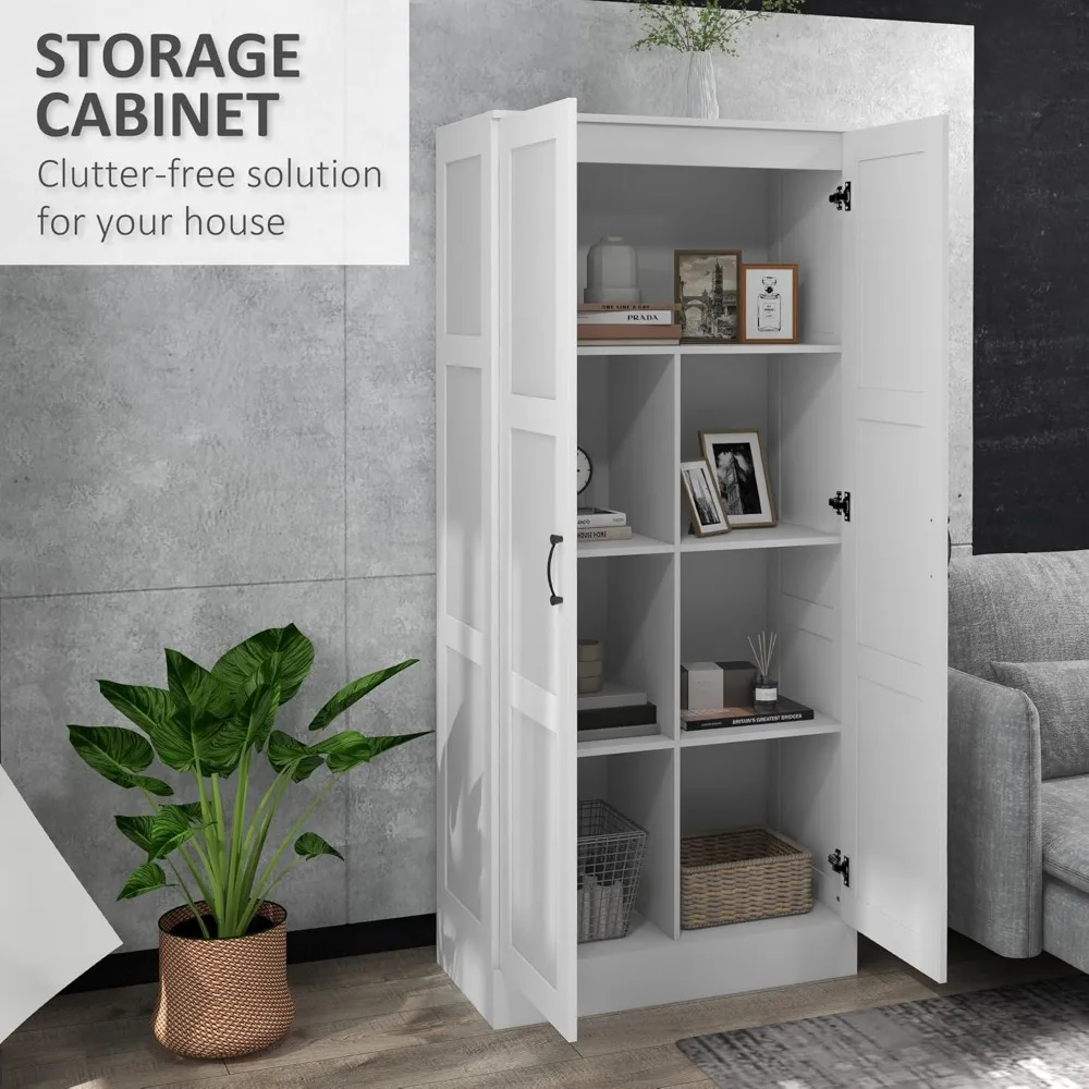 Высокий шкаф для хранения 71 дюймов с подвижными полками для хранения, шкаф для кладовой в современном стиле с дверцами с мягким закрыванием, белый