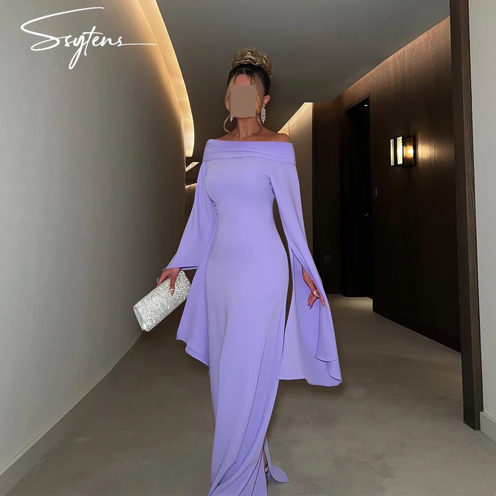 Chic Purple Arabic Prom Dresses Mermaid Event Dress vestidos de noche Flare Long Sleeves Off the Shoulder Formal Evening Gowns