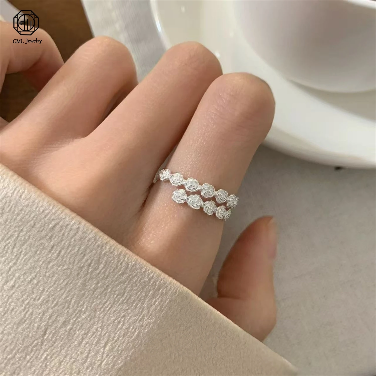 Korean Style Stackable Flower Ring Set Gardenia Lotus Bloom Adjustable Minimalist Women Exquisite Retro Style Jewelry Gift