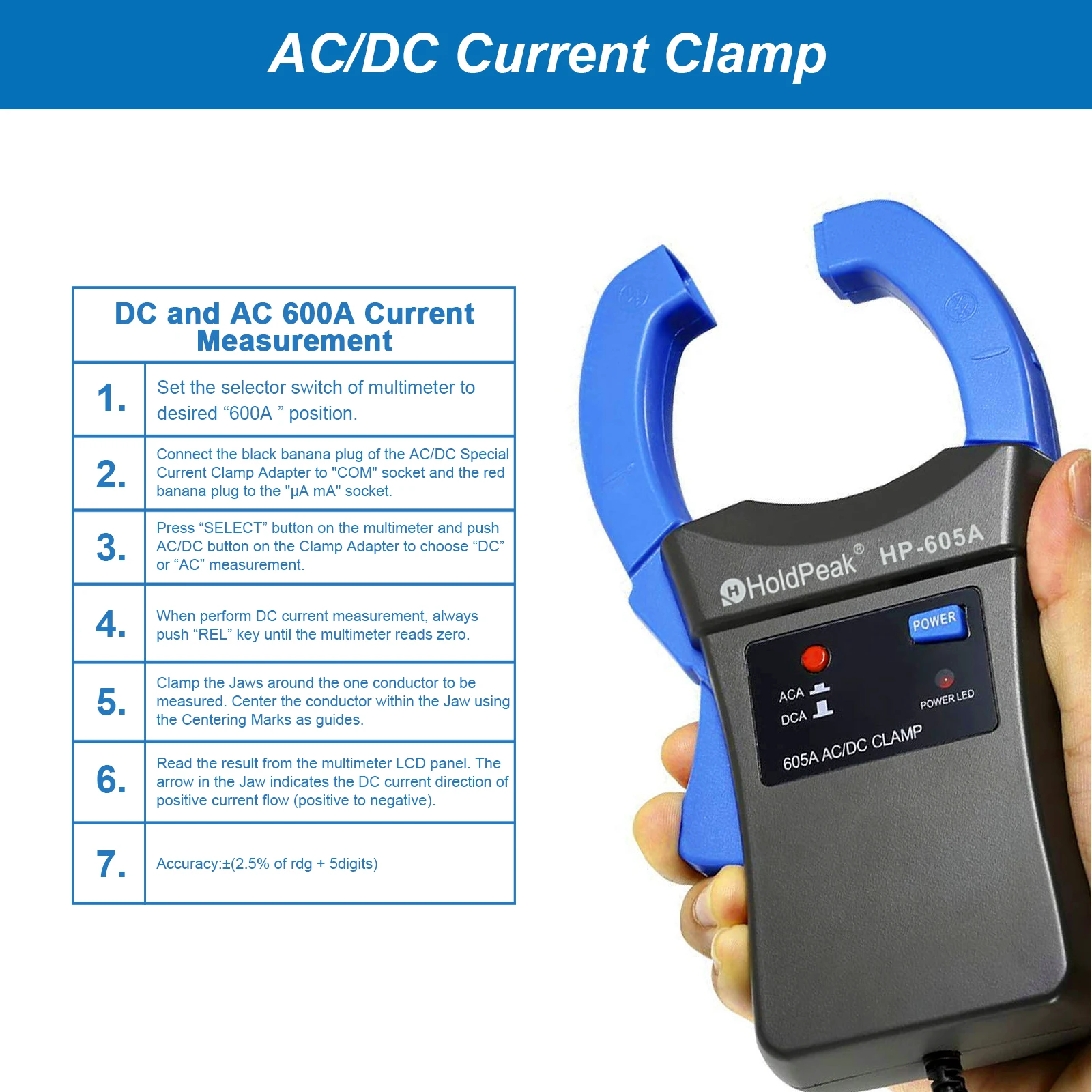 DC/AC Current Clamp Adapter Clamp-On Meter Tester with Test Probes, LED Power Indicator, Includes Battery HP-605A