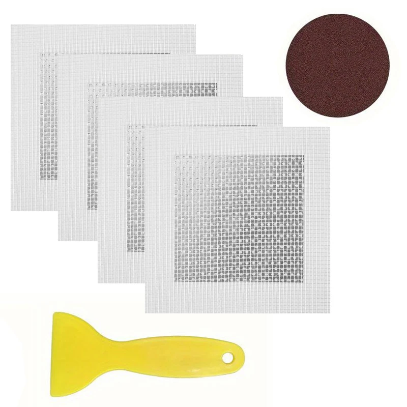 4Pcs/Set Drywall Repair Kit With Scraper Sandpaper 4Inch Fiberglass Mesh Metal Drywall Sheets Damage Plate Hole Repair Easy DIY