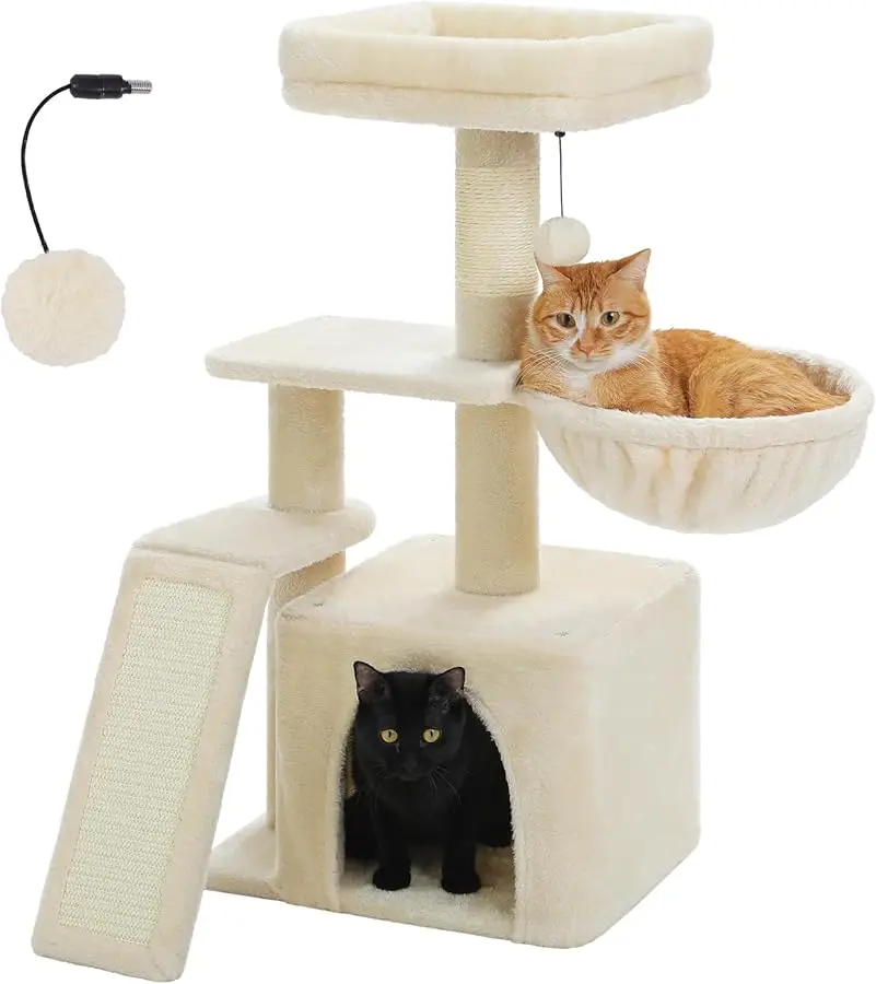 

PETEPELA Small Cat Tree for Indoor Cats, 32'' Cute Cat Tower Cat Condo with Sisal Scratching Ramp, Cozy Hammock and Removable To