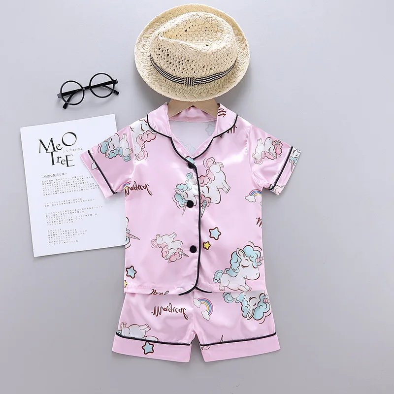 Unicorn Baby Girls Pajamas Clothing Set Summer New Cartoon Pattern Lapel T-shirt+Short Pants 2Pcs Suit For 1-5Y Kids Home Wear