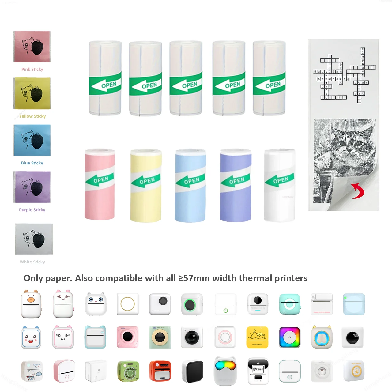 10 ม้วน Mini เครื่องพิมพ์สีสติกเกอร์ความร้อนกระดาษป้ายสติกเกอร์กระดาษ Photo Papers สําหรับ PAPERANG Poooli ความกว้าง 57 มม. เครื่องพิมพ์ภาพ