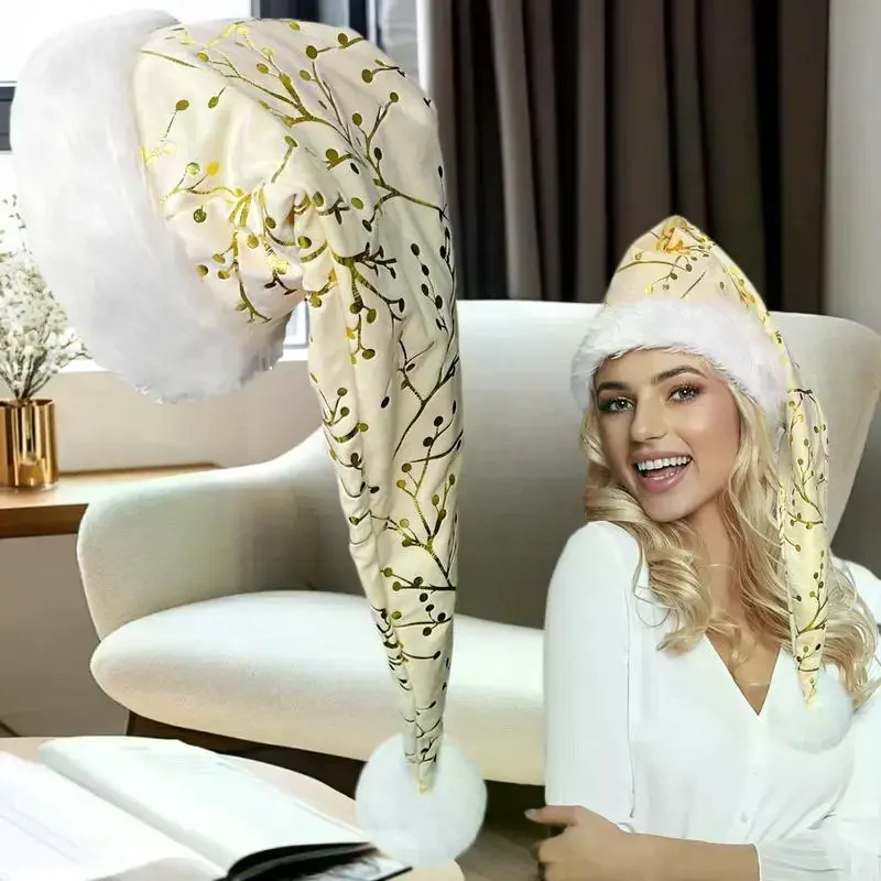 Topi Natal Bermotif Bulu Halus dengan Trim Bulu Panjang, Topi Dekoratif Natal, Dekorasi Meriah
