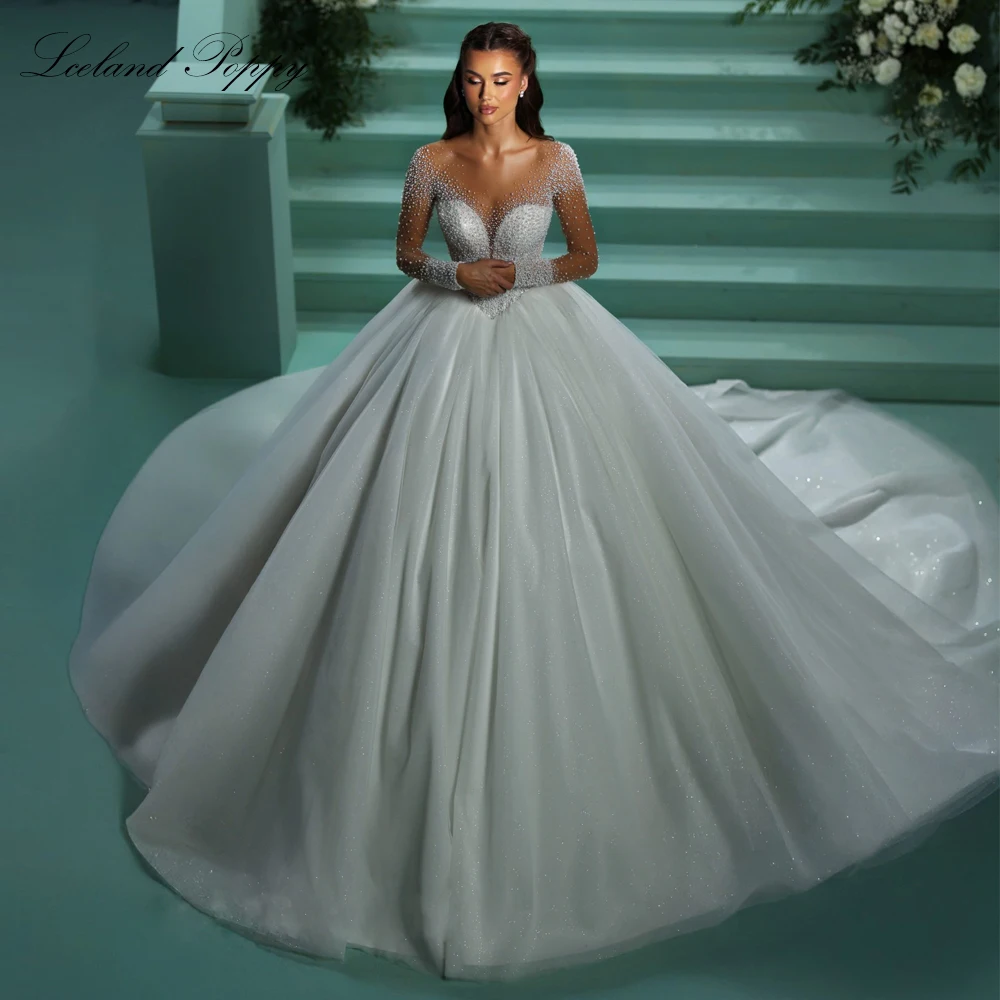 

Lceland Poppy Customized Ball Gown Wedding Dresses Full Sleeves Glitter Tulle Pearls Beaded Bridal Gowns with Chapel Train
