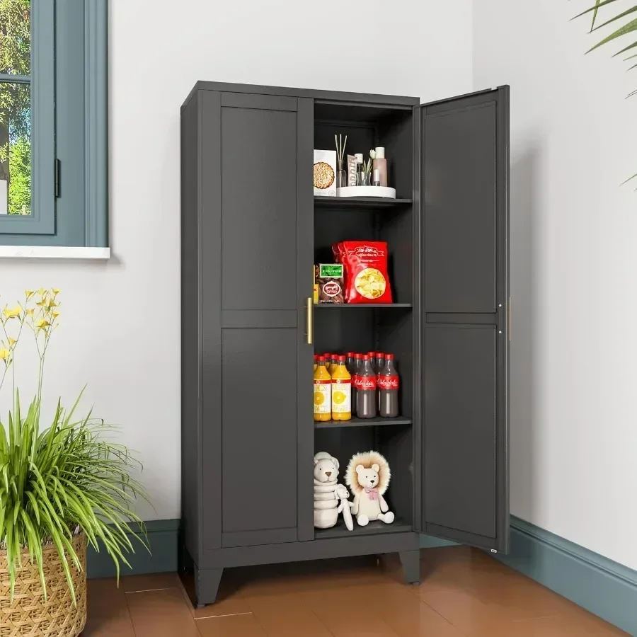 Metal Pantry Cabinet with 2 Doors and Adjustable Shelves, Kitchen Storage cabinets with Gold Handles, Versatile Storage for Lau