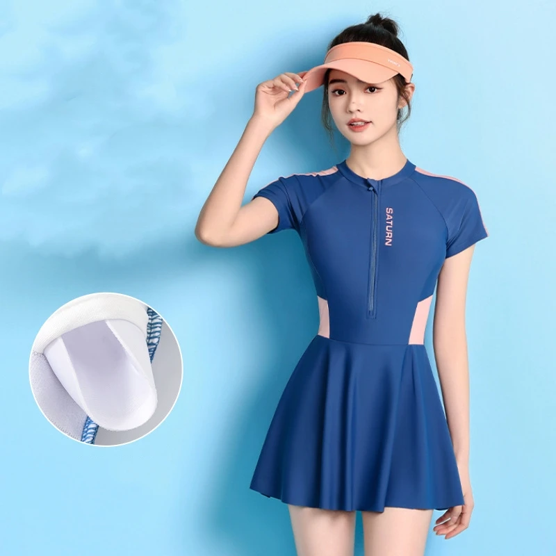 Girl One Piece Professional Short Sleeve Push Up Beach Surfing Swim Skirts Women Front Zipper WaterProof Bathing Paded SwimWear