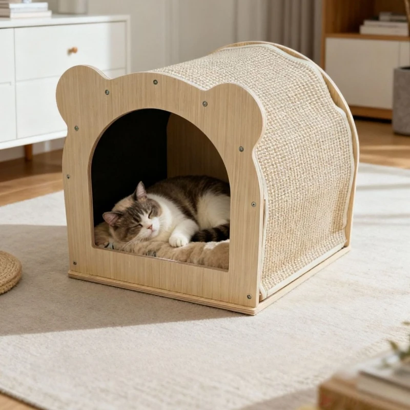 Fall & Winter Curved Semi-Enclosed Cat Bed with Scratcher, 2-in-1 Play & Sleep Cat Toy, Wear-resistant for All Seasons
