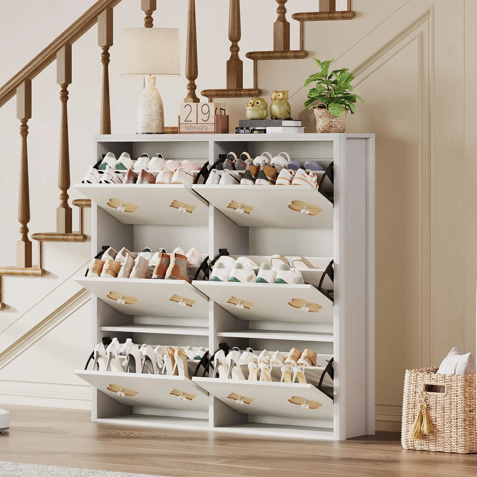 Shoe Storage Cabinet with 6 Flip Drawers, Narrow Wood Shoe Organizer Cabinet with Floral Pattern, Freestanding Slim