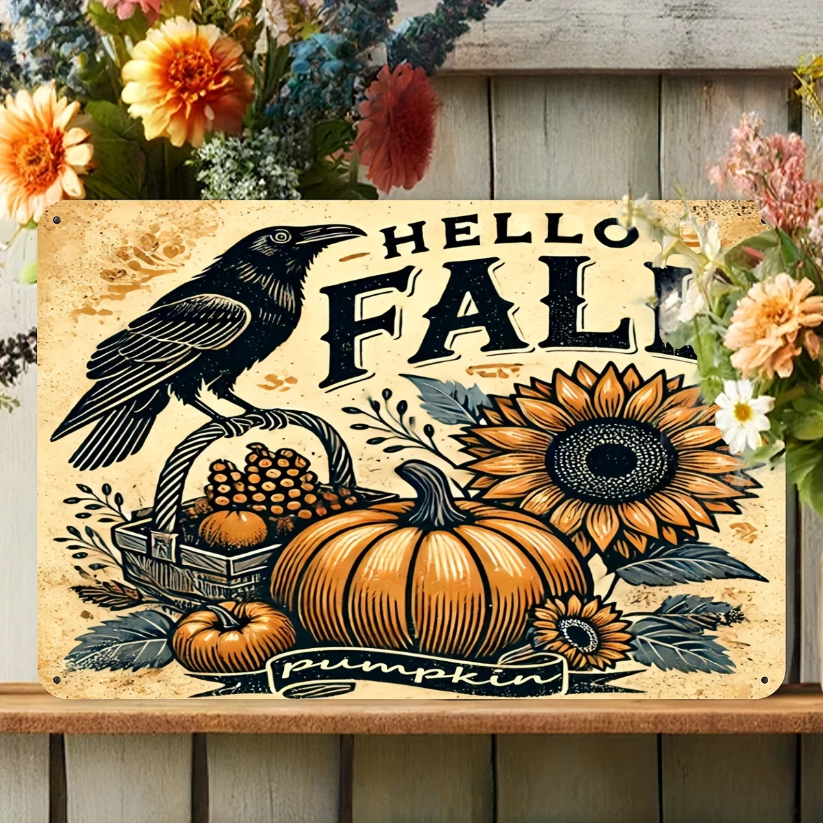 Autumn Harvest Iron Sign Wall Decor 8x12 Inches with Pumpkin Sunflower and Crow Motif Suitable for Home Cafe Garage Bar Patio