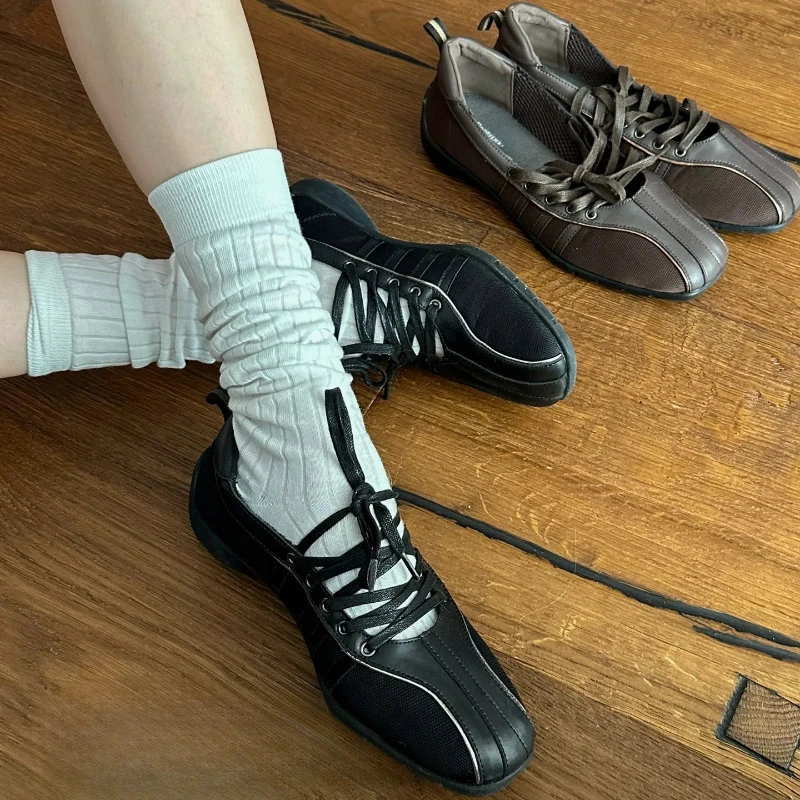 Damen-Ballerinas, modische Schnürschuhe im koreanischen Ballett-Stil, Retro-Freizeitschuhe, bequeme, leichte Ballett-Sneaker