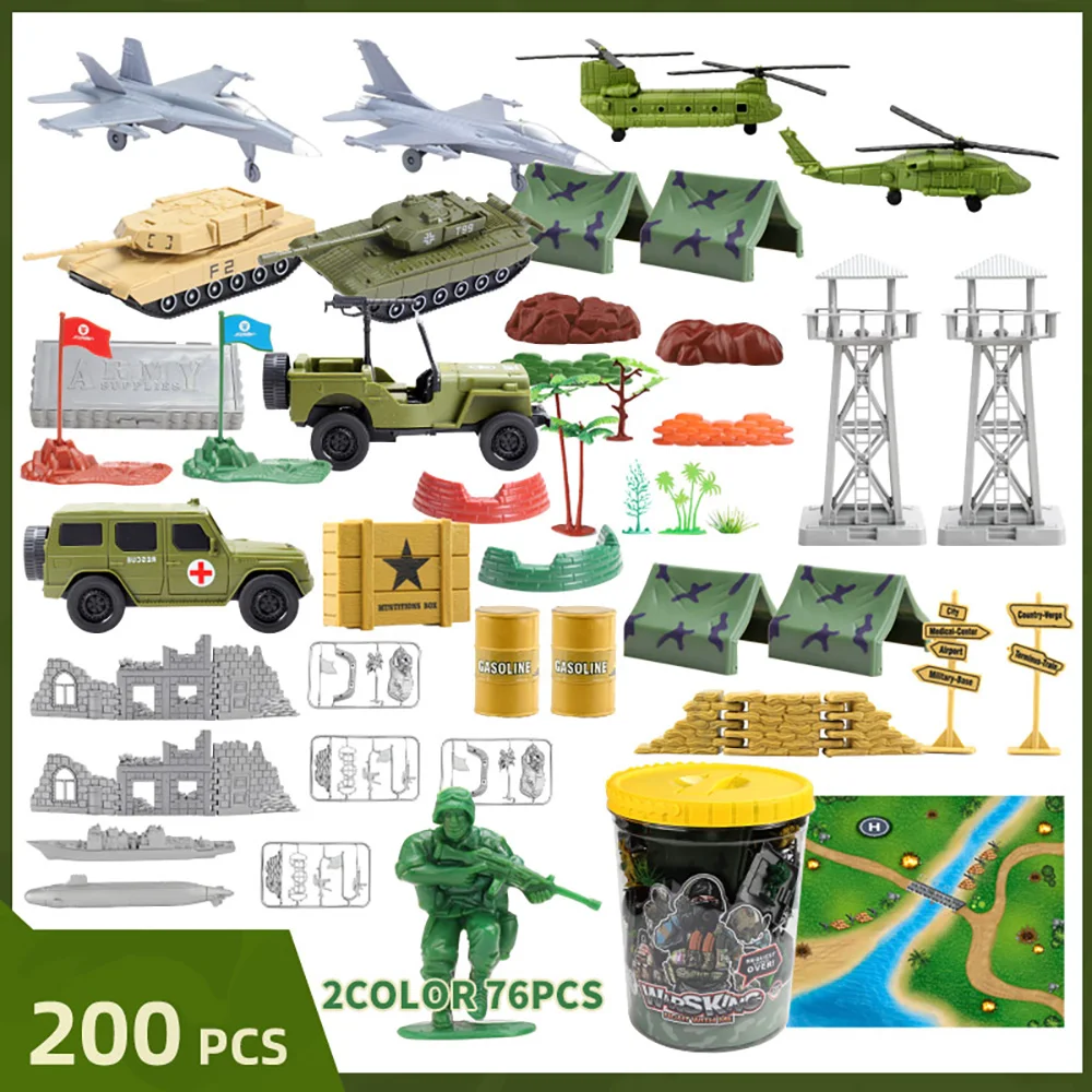 

ViiKONDO 200 Pcs Army Men Military War Scene Playset Green vs Tan Soldier Action Figure Many Vehicle Tank Aircraft Ship Boy Toy