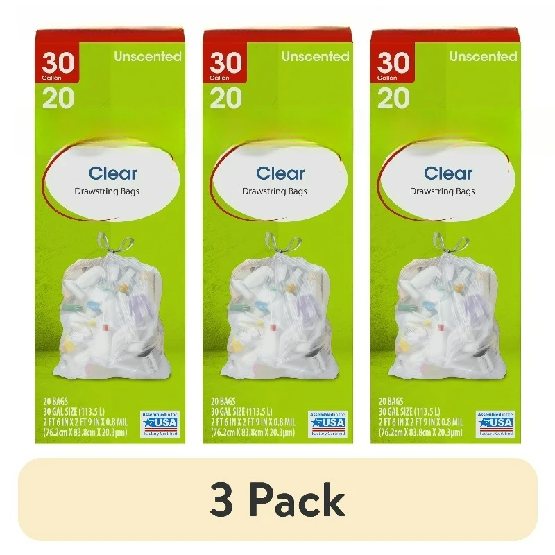 

(3 pack) 30-Gallon Clear Drawstring Large Trash Bags, 20 Bags