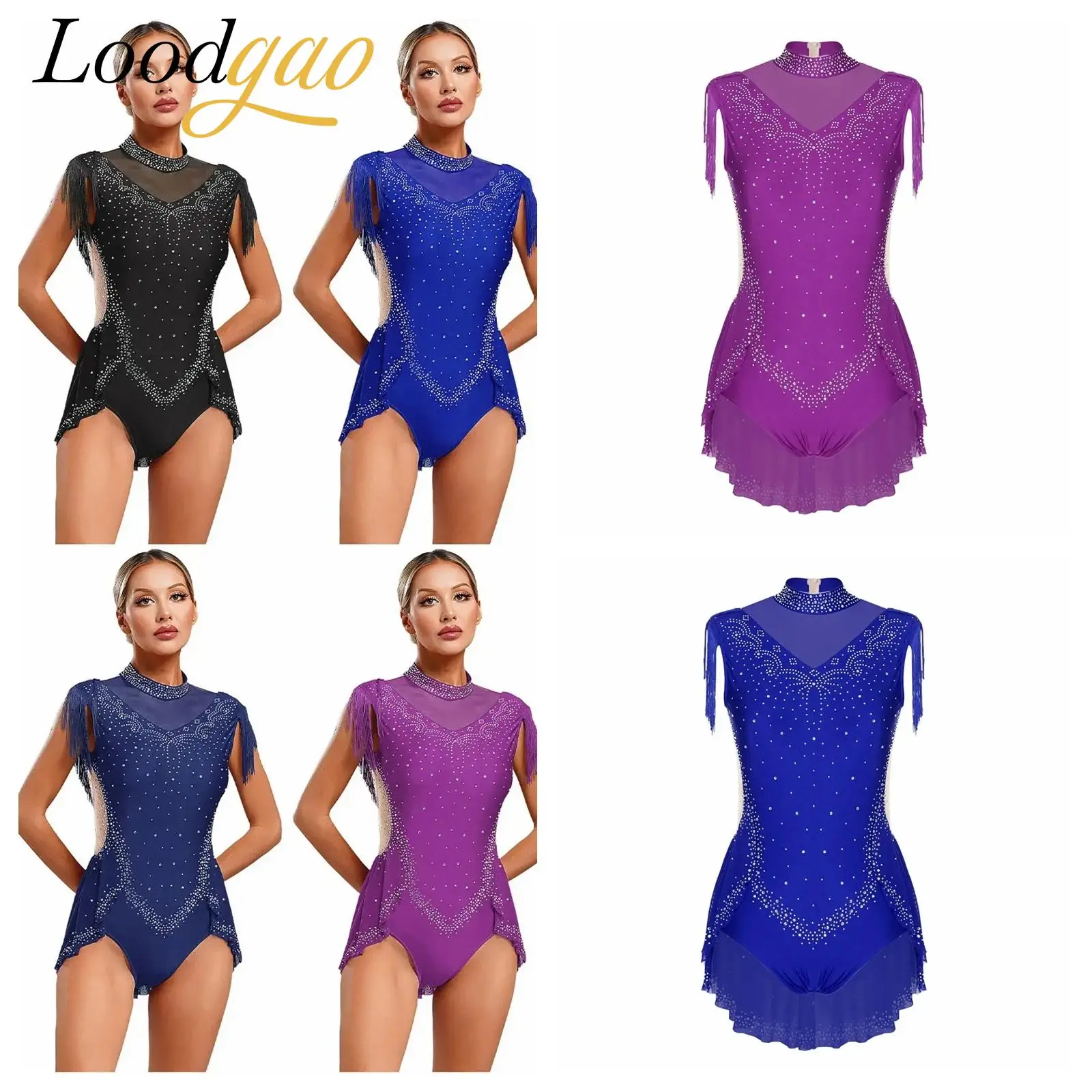 

Women's Rhinestone Latin Dance Bodysuits Tango Fringed Leotard Samba Costume Tassel Dancing Skirted Bodysuit Chacha Dancewear