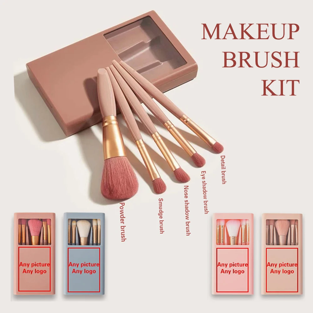 5 Pcs Customized Photo with Mirror Makeup Brush Kit Women Cosmetic Brush Set with Case Organizer Picture Personalized Pattern