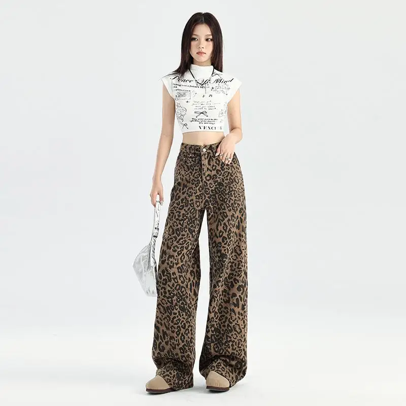 Denim Pants Female Oversize Wide Leg Trousers Streetwear Hip Hop Vintage Leopard Jeans Women Clothes Loose Casual ﻿