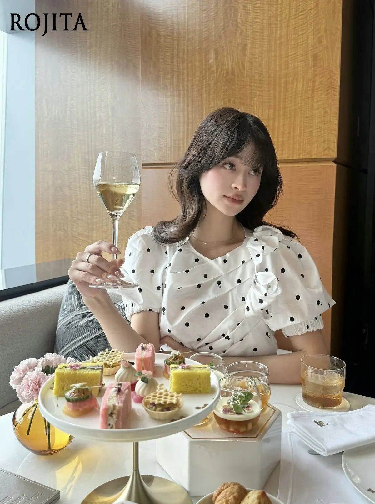 Summer Polka Dot Puff Sleeve Cotton Shirt with Three-dimensional Tailoring Pleated Floral Decoration Blouse Women's Tops