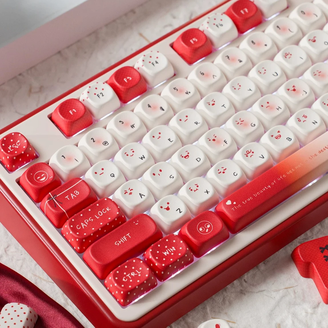 MAIMOOO Red White Cute Keycap MOA Cherry Profile PBT Kawaii Expression Bowknot Polka Dot Elements Mechanical Keyboard Keycaps