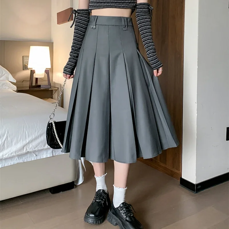 Gray Pleated Suit Skirt Women Korean Fashion High Waist A-line Long Skirts Office Lady Elegant High Quality Black